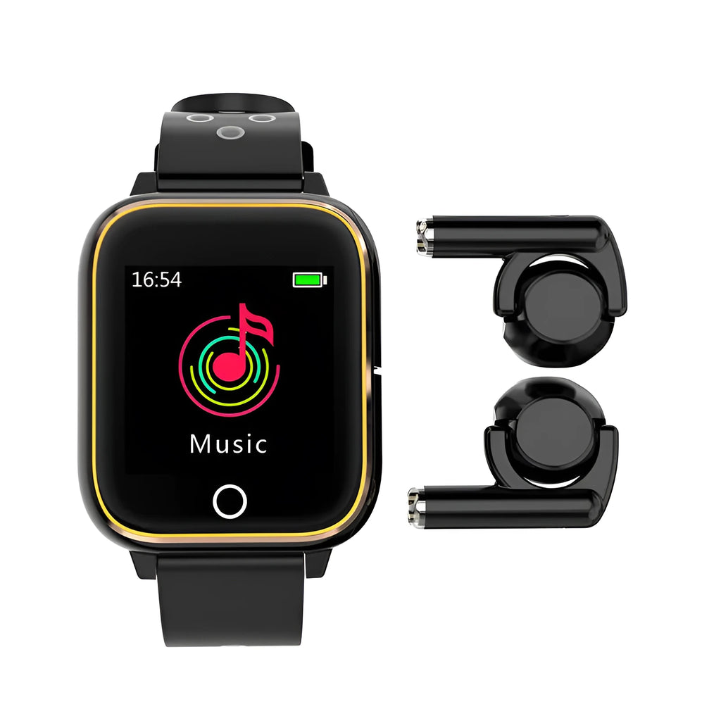 Black smart watch with integrated Bluetooth earphones showing 1.4 inch display with fitness metrics