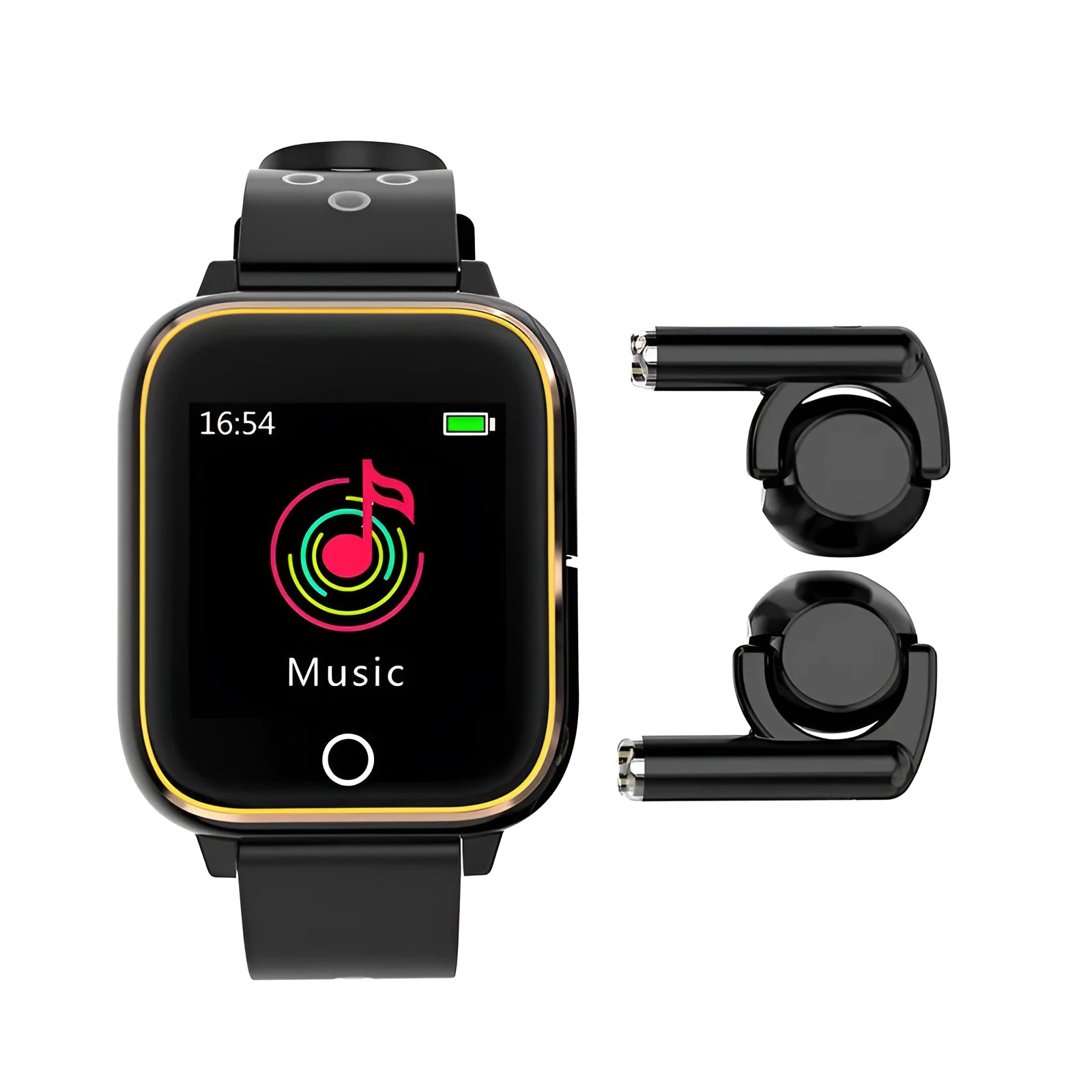 Black smart watch with integrated Bluetooth earphones showing 1.4 inch display with fitness metrics