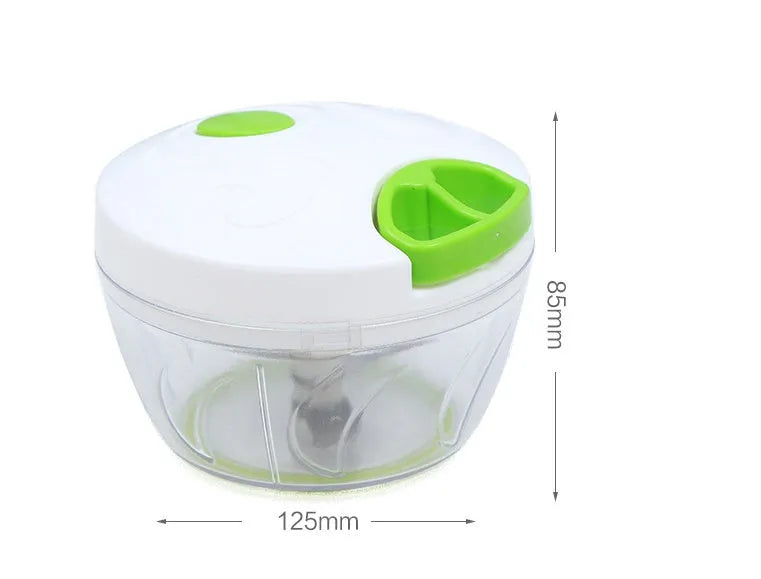 Manual kitchen chopper with stainless steel blades in green plastic housing
