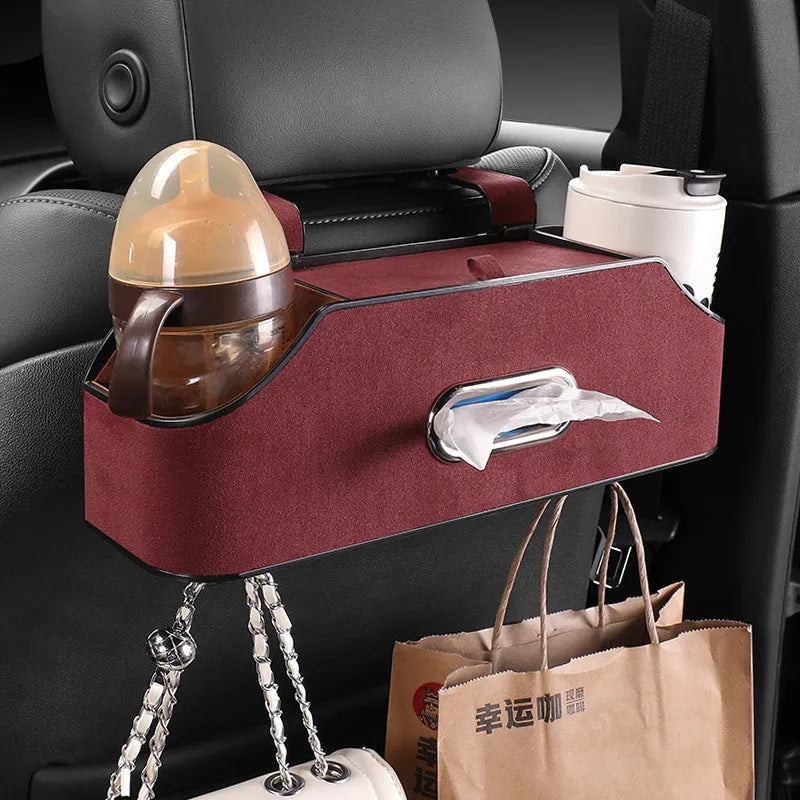 Genuine leather car tissue box organiser with hanging strap and 2 litre storage capacity
