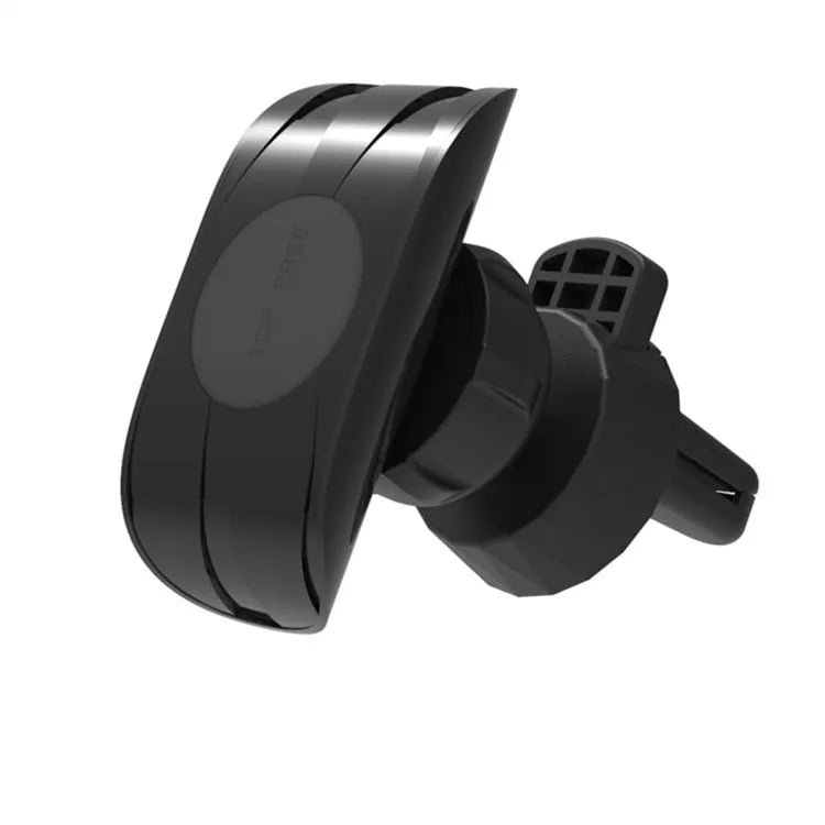 Black car phone holder mounted on car air vent with smartphone secured in adjustable clamp