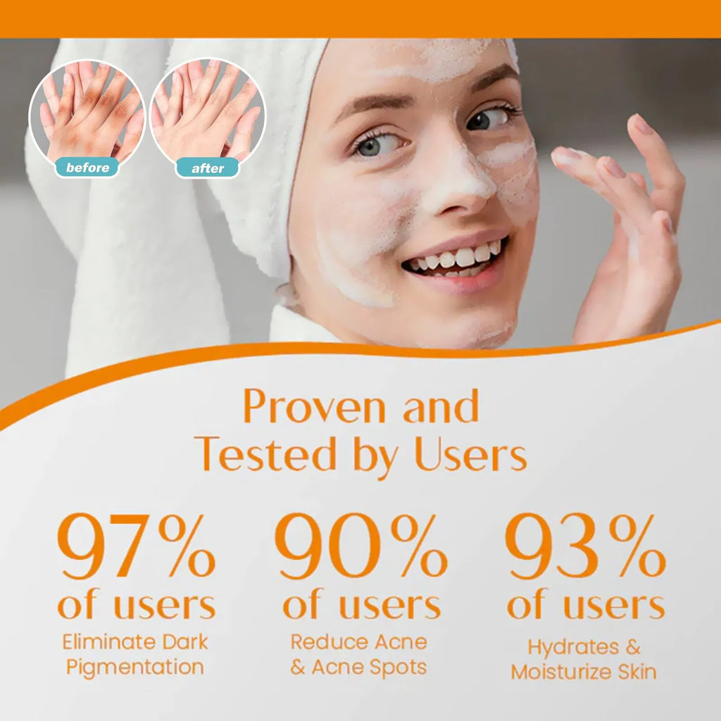 A 100g white bar of whitening vitamin body soap with kojic acid and botanical extracts.