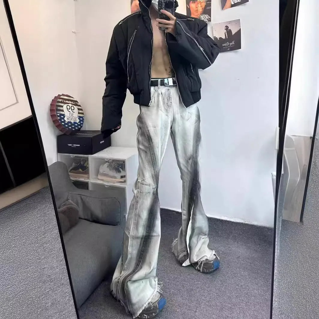 Men's white retro jeans with heavy rough denim texture and black ribbon gradient colour detail on the legs.