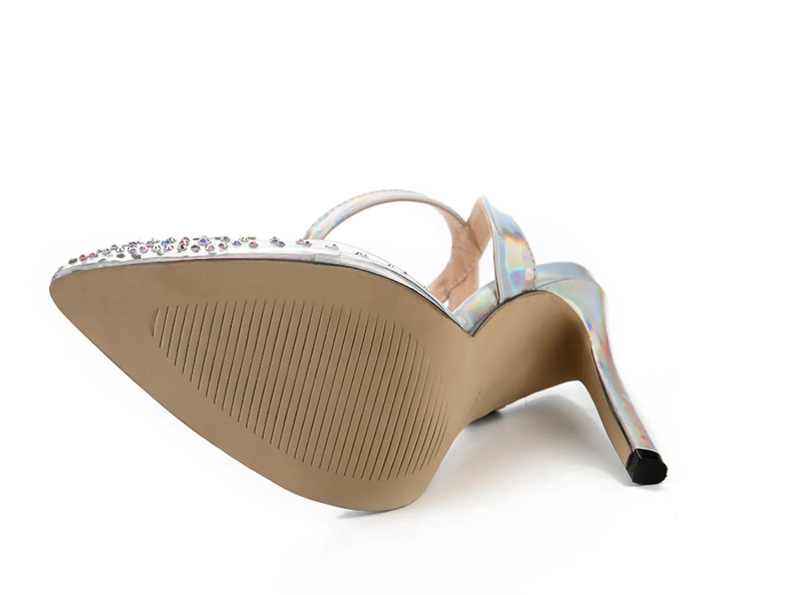 Women's pointed toe stiletto sandals with diamond embellishments on PVC upper, showing side view