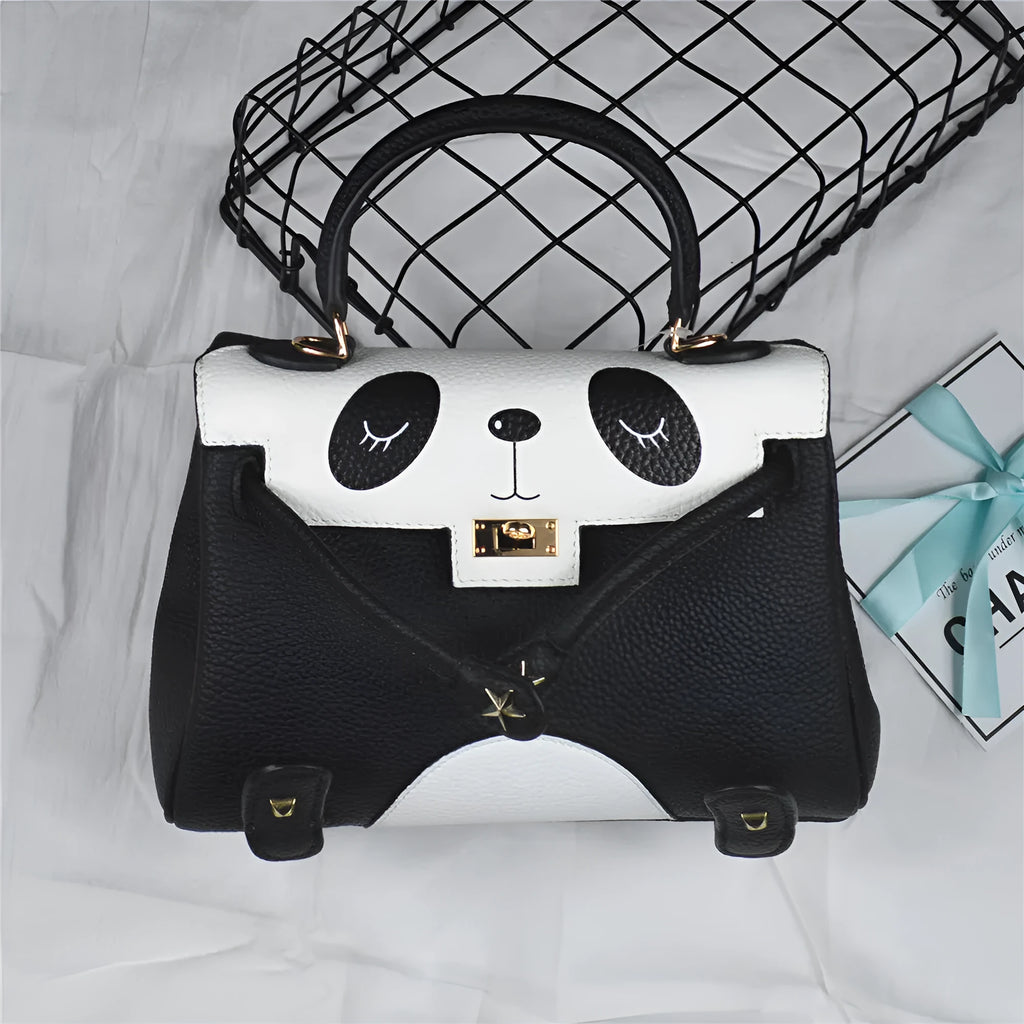 Panda print handbag in genuine cowhide leather with horizontal square shape and sweet lady styling