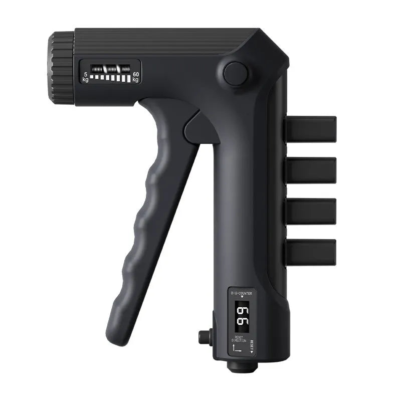 White spring grip hand exerciser with electronic counting model on dark background
