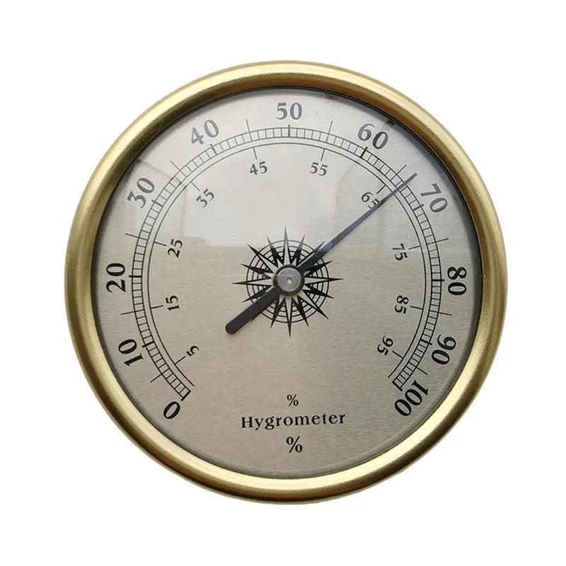 Aluminium analog thermometer and hygrometer with circular dial for humidity percentage reading