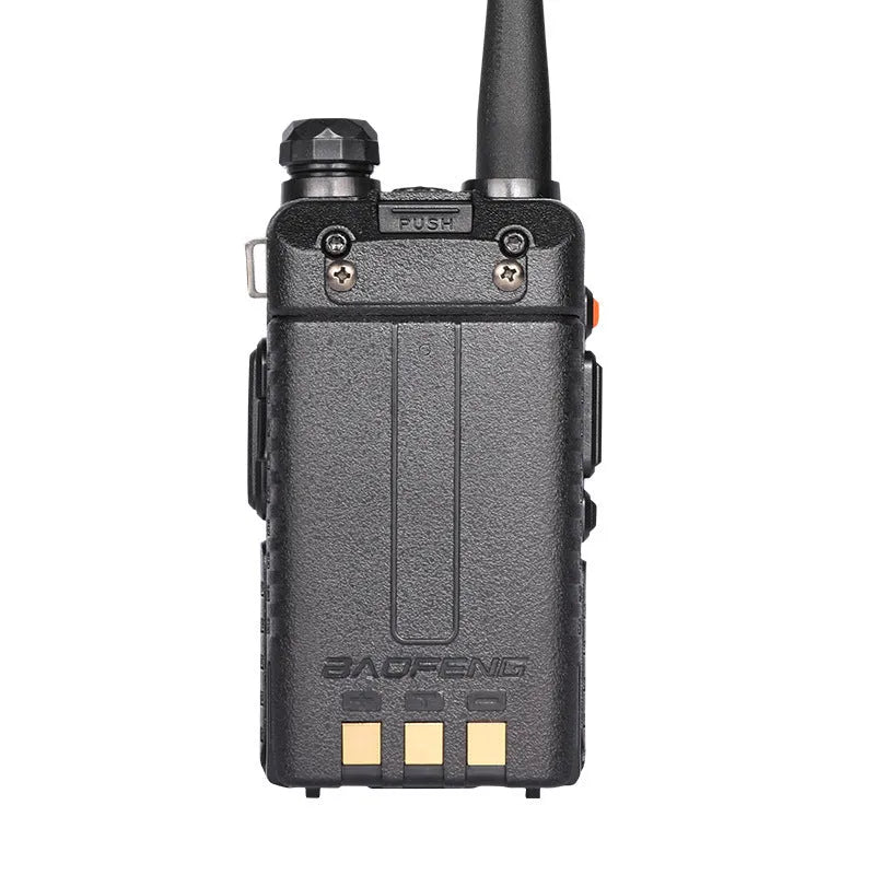 Black dual band walkie talkie with antenna showing LCD display and keypad