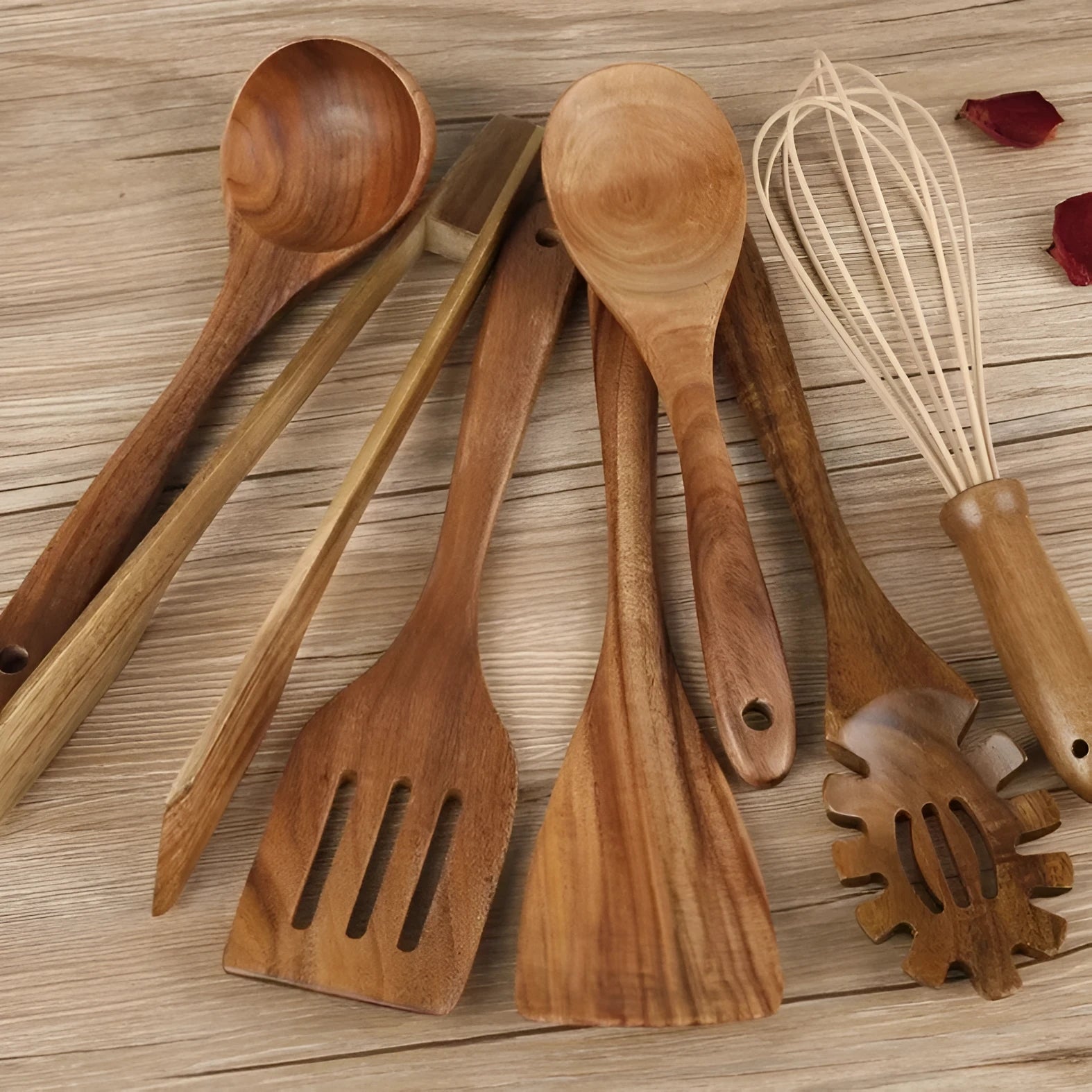 Seven-piece wooden cooking utensil set with natural finish for non-stick pans