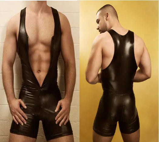 Men's black PU leather performance wear fitness tights onesie with full body coverage