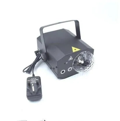 LED laser magic fan stage lighting equipment with dual projection effects in black housing