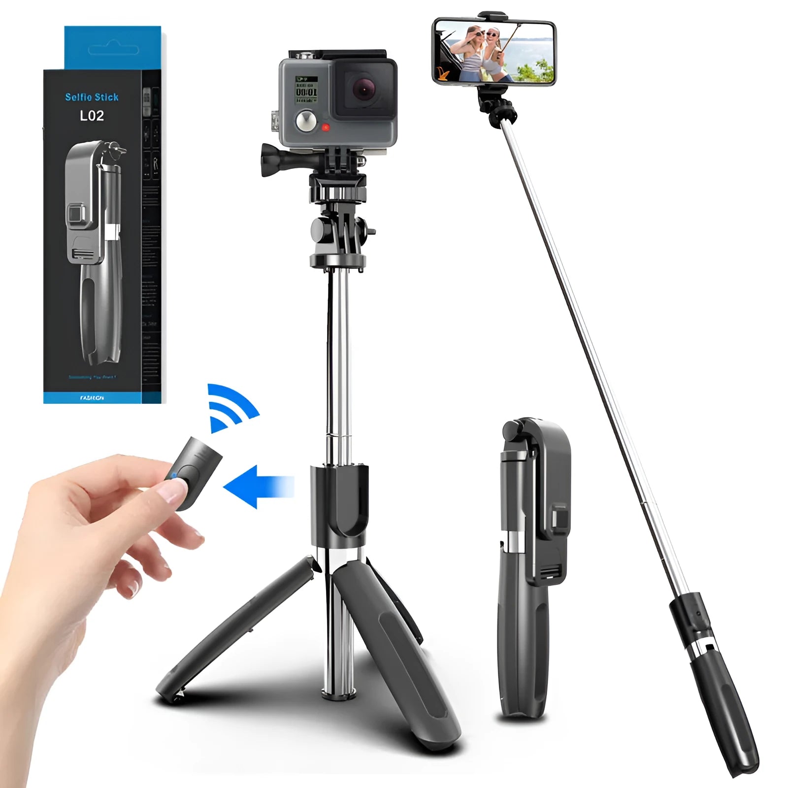 Black Bluetooth selfie stick tripod extended with smartphone mounted, wireless remote control shown