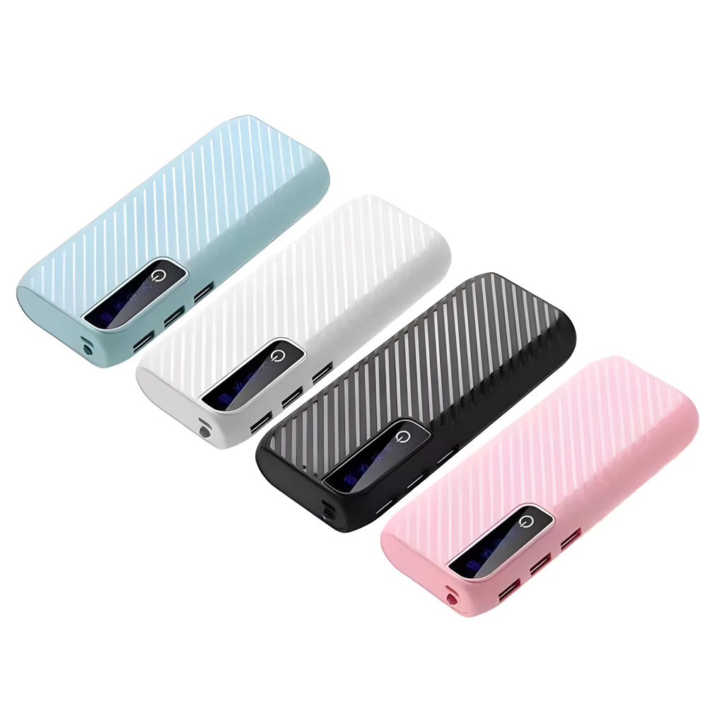 Black portable mini power bank with 20000mAh capacity showing USB charging ports on a white background.