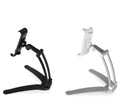 Silver aluminum alloy desktop stand holding a tablet, showing 360-degree adjustable arm and clamping mechanism.