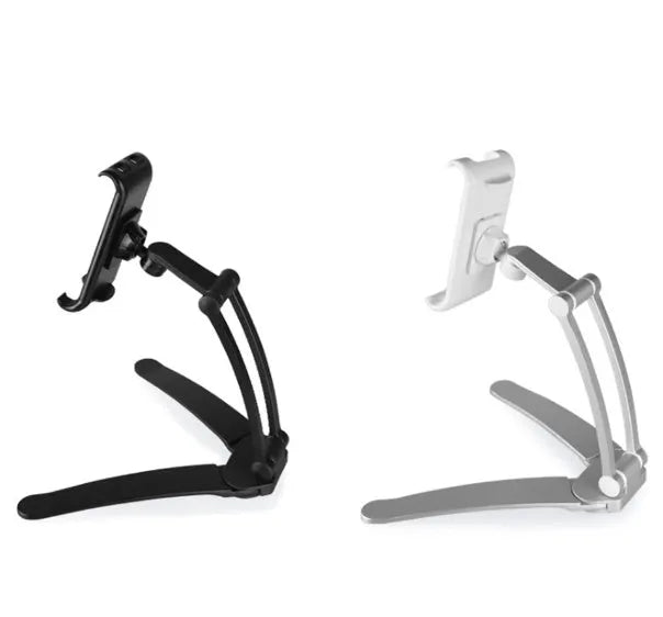 Silver aluminum alloy desktop stand holding a tablet, showing 360-degree adjustable arm and clamping mechanism.