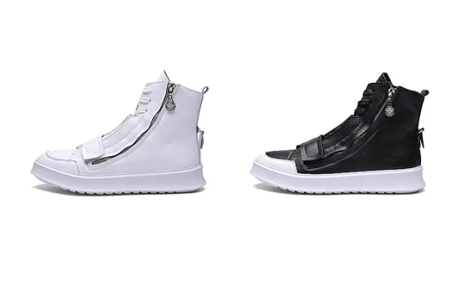 PU leather men's winter ankle boots in high-top sneaker style, black and white options