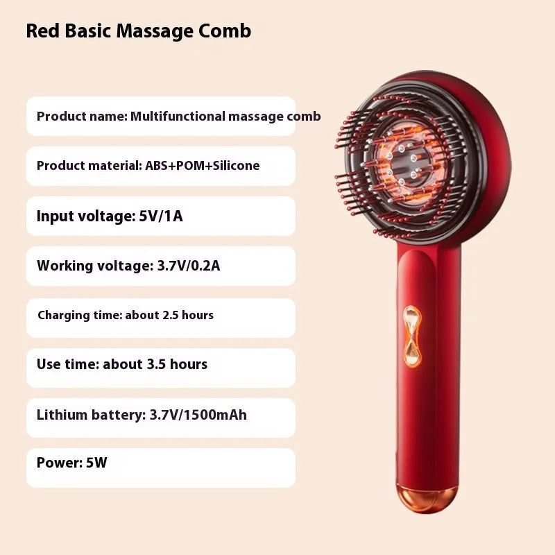 Red and blue light massage hair comb in black or red with Type-C charging port