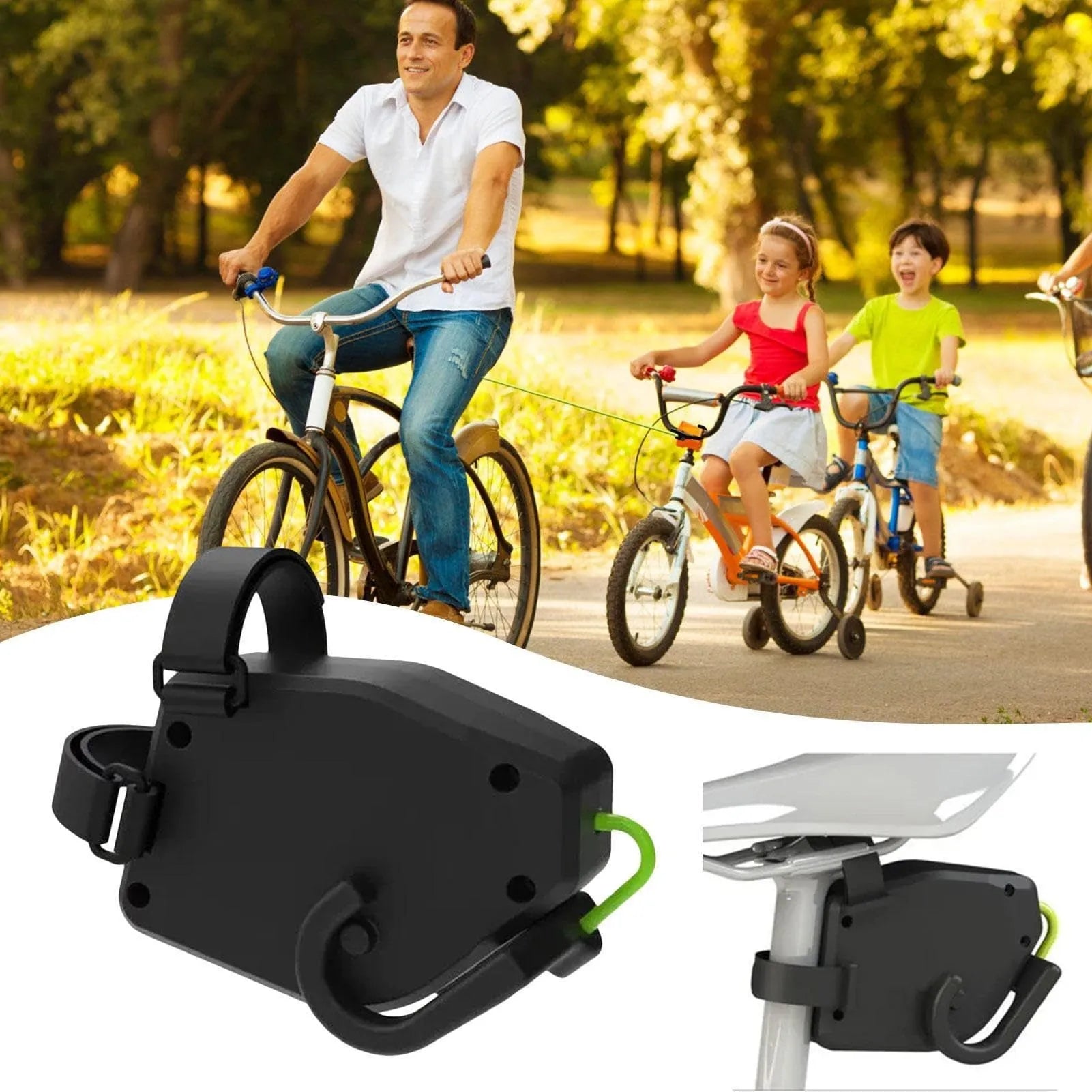 Black plastic bicycle trailer traction device with connecting rope and quick-release mechanism