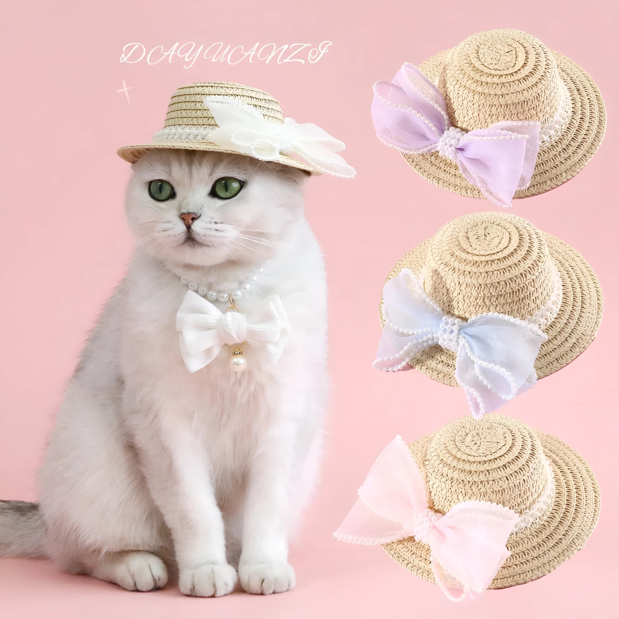 Pink pearl butterfly bow woven straw hat for a cat on a mannequin head.