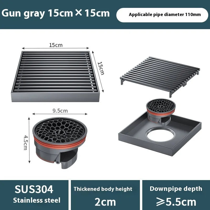 Gun grey 304 stainless steel courtyard floor drain measuring 15cm by 15cm with visible grating.