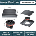 Gun grey 304 stainless steel courtyard floor drain measuring 15cm by 15cm with visible grating.