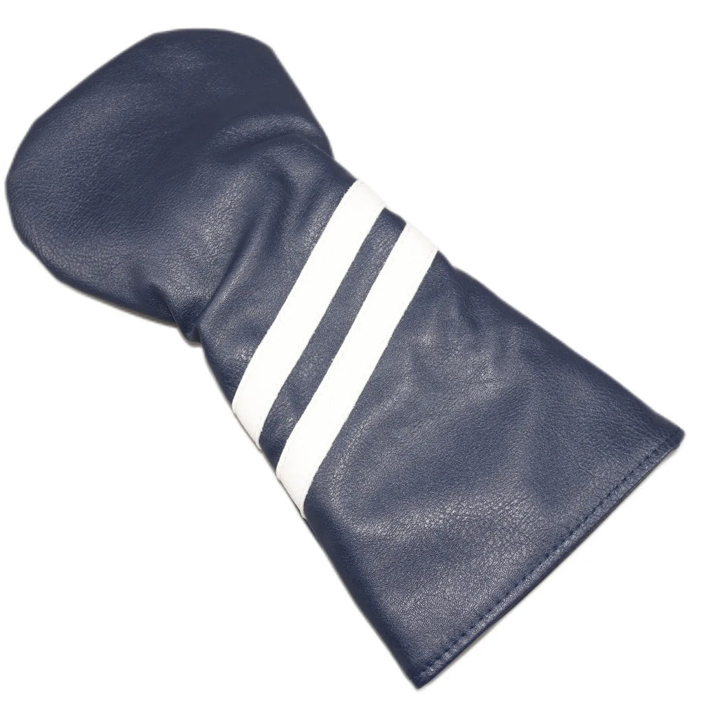 Golf club head cover with two diagonal stripes in PU material showing size and colour options