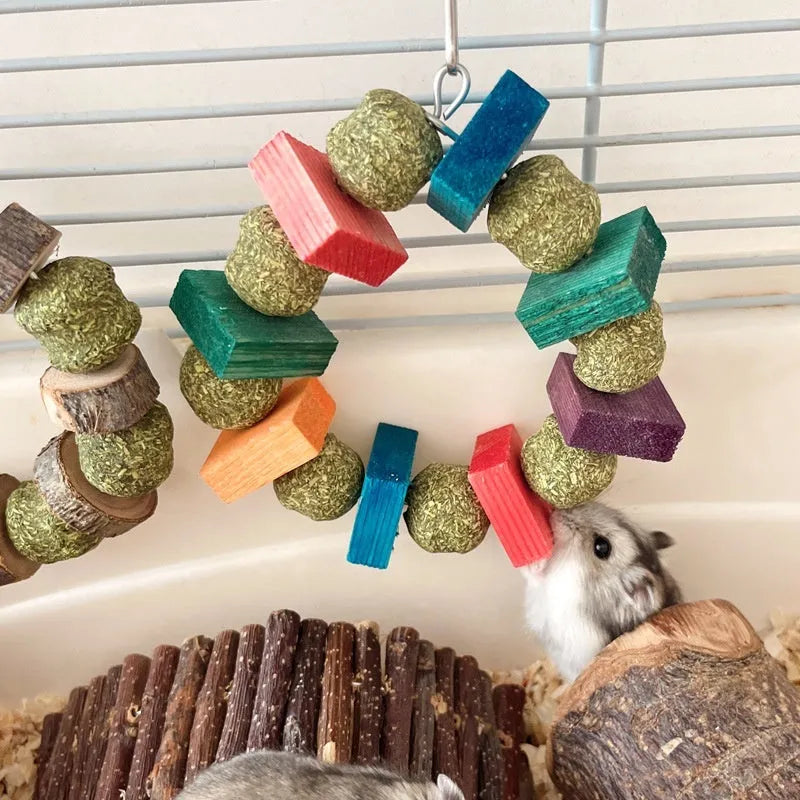 Hamster molar bite toy with decorative straw ball ring for small pet dental care