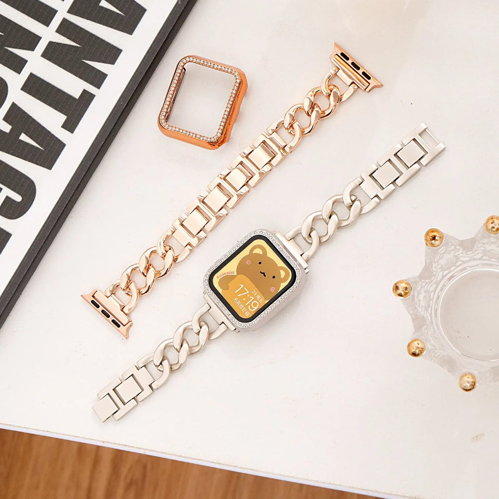 Denim chain link metal strap for Apple Watch in silver, black, gold, rose gold, and Starlight colours