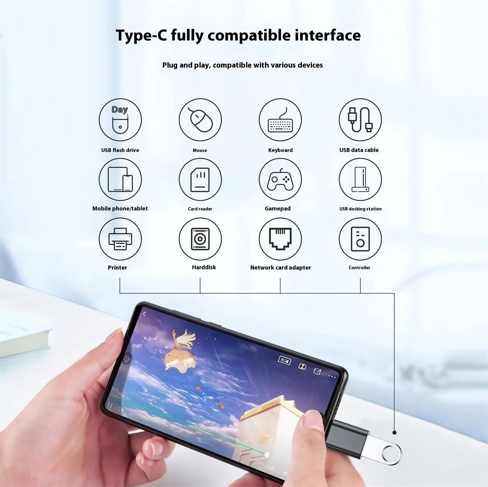 USB C male to USB A female adapter converter with metallic zinc alloy shell.