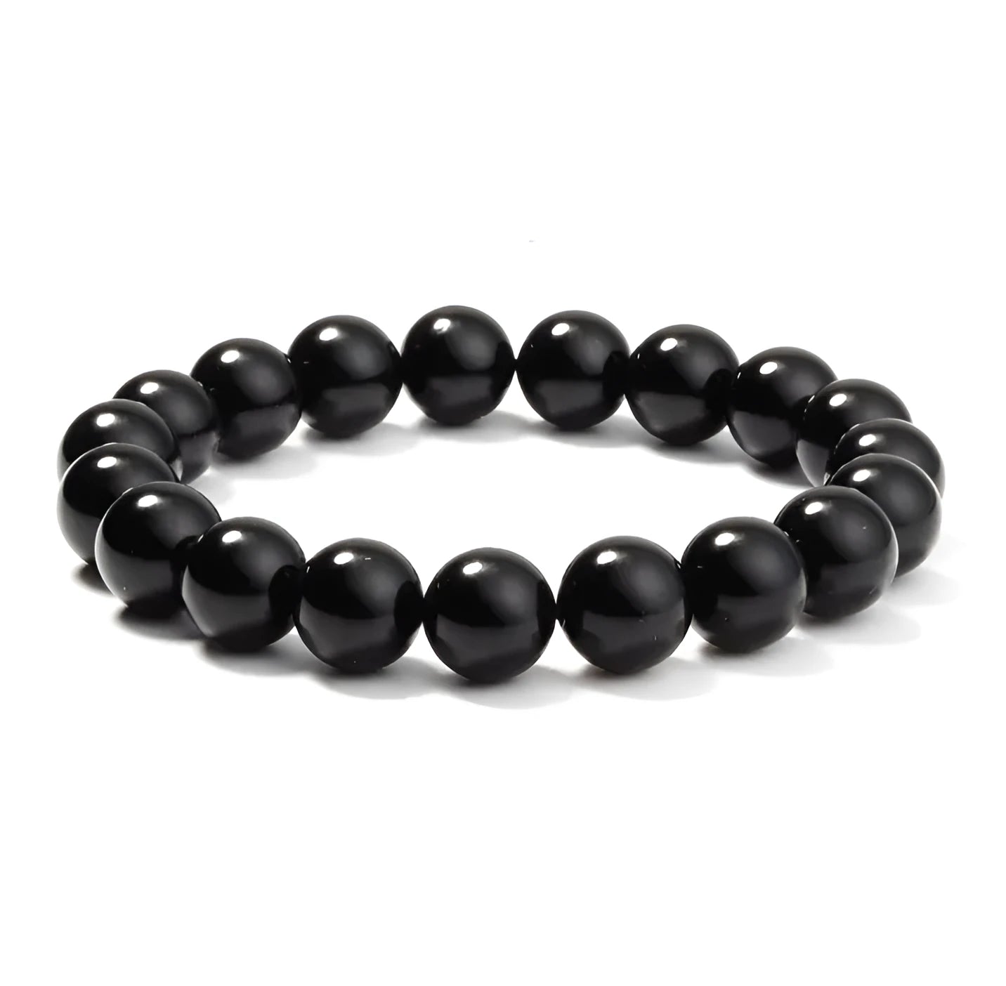 Geometric black onyx bracelet with 8mm agate beads on a black elastic cord.