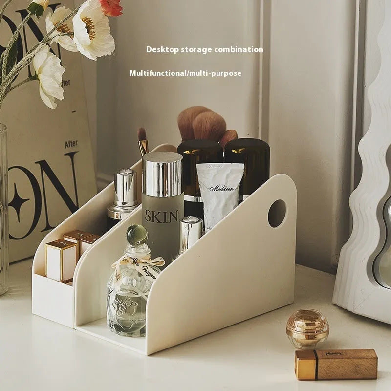 Desktop storage box with shelf and grid compartments for stationery organisation