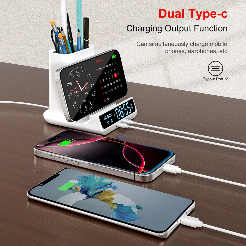 Modern minimalist desk lamp with integrated wireless charging pad and pen storage box