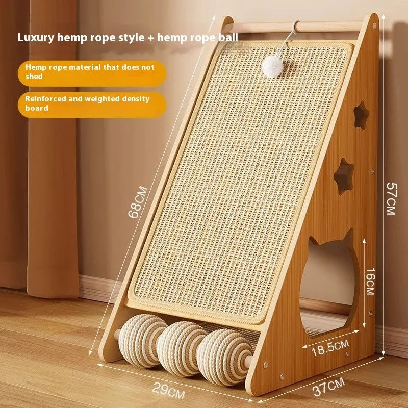 Vertical wall-mounted cat scratching board with sisal surface, hemp rope elements, and attached teasing ball