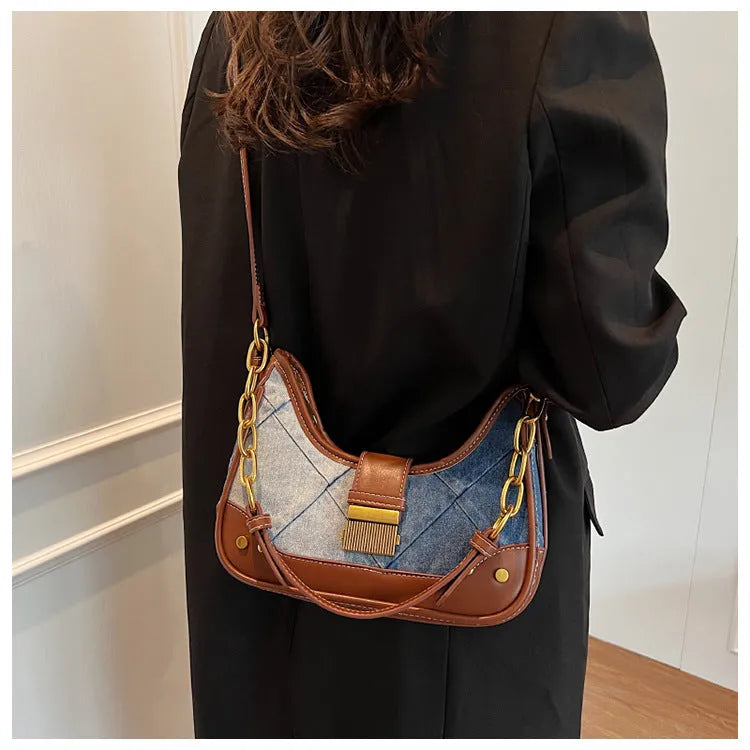 Brown denim women's shoulder bag with diamond mesh detailing and chain accents