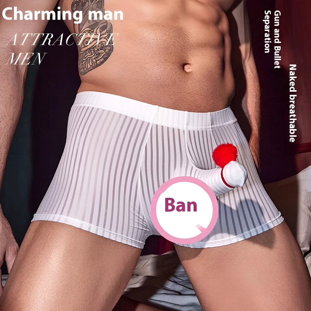 Men's vertical stripe nylon boxer briefs underwear in black, white, and dark grey colours