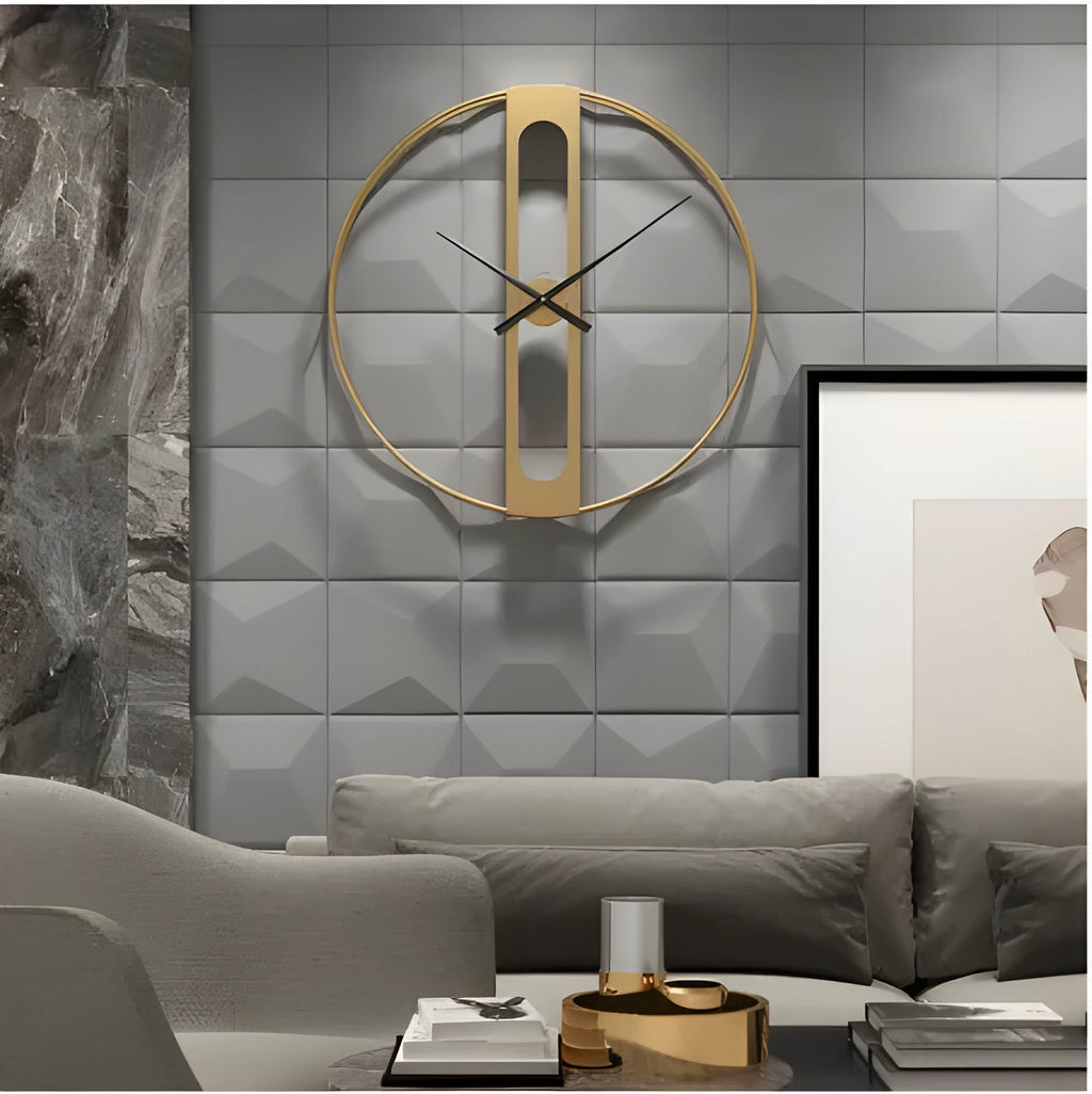 Round metal wall clock with 50cm diameter in black or gold colour on a white wall.