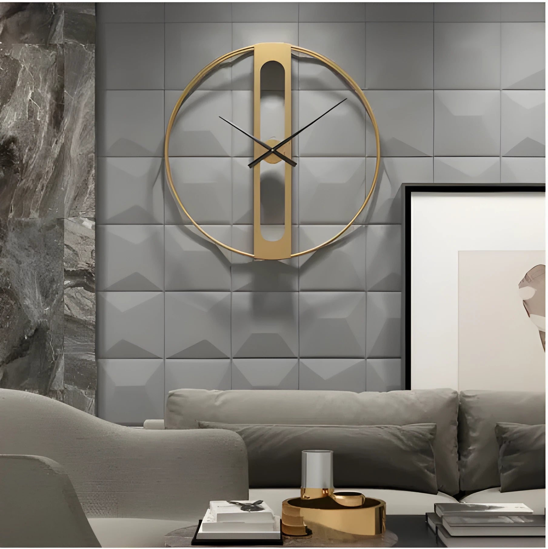 Round metal wall clock with 50cm diameter in black or gold colour on a white wall.