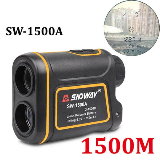 Handheld golf laser rangefinder showing compact 104x76.5x41mm design with distance measurement display