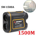 Handheld golf laser rangefinder showing compact 104x76.5x41mm design with distance measurement display