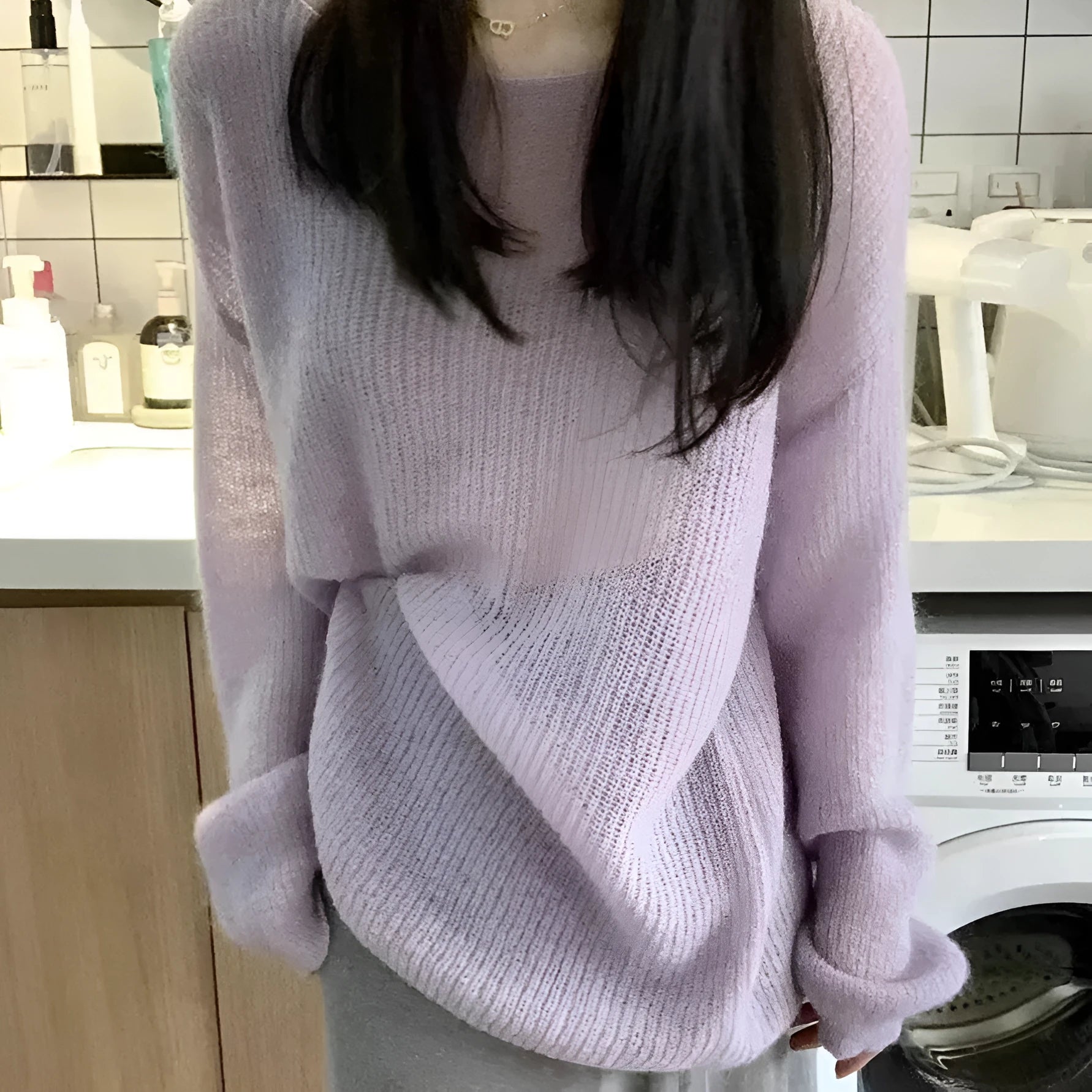 Purple women's blouse with princess sleeves and shoulder strap design in lightweight ice silk fabric