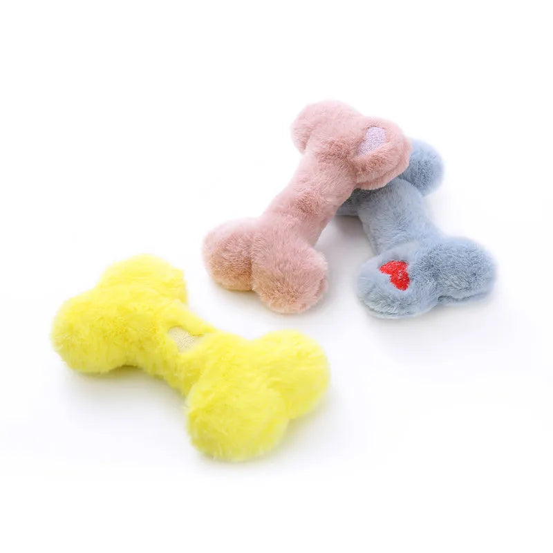 Blue love bone shaped plush dog toy with vocal BB rattle for interactive chewing play