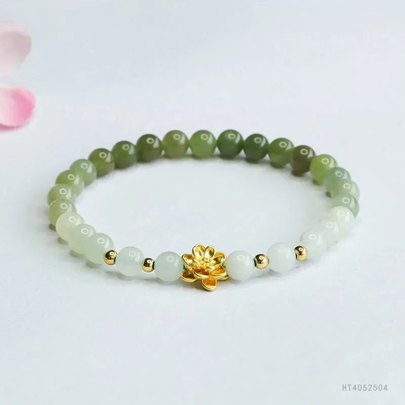 Ancient style Hetian jade bracelet with sunshine water gradient colour and flower-shaped beads