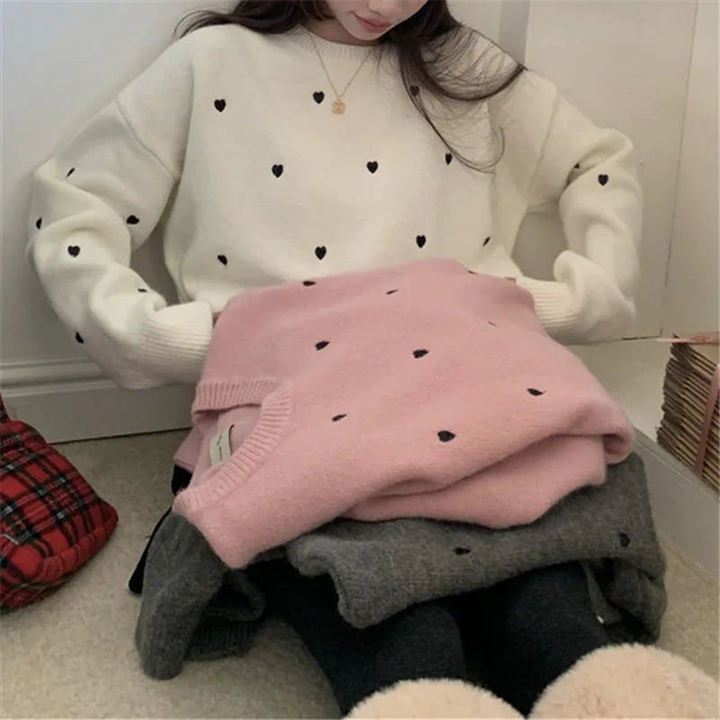 Women's acrylic pullover sweater with embroidered love pattern in loose fit with long sleeves