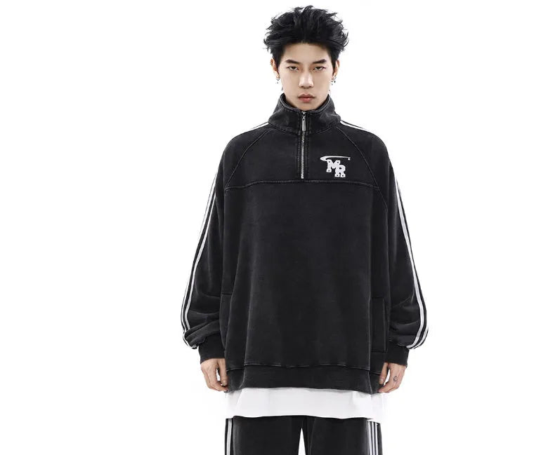 Black Hong Kong style retro sports sweatshirt with stand collar and long sleeves