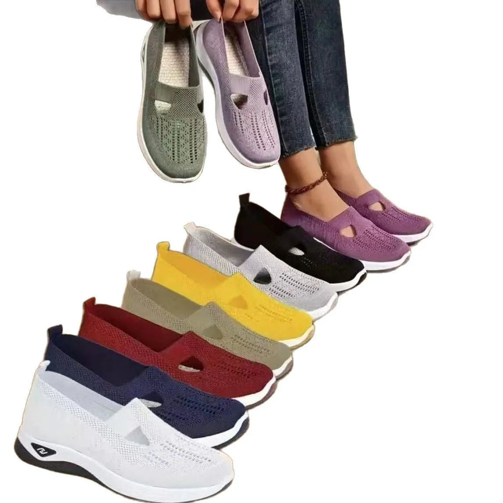 Women's low-top mesh casual shoes with a T-strap, flat heel, and round toe in various colours.