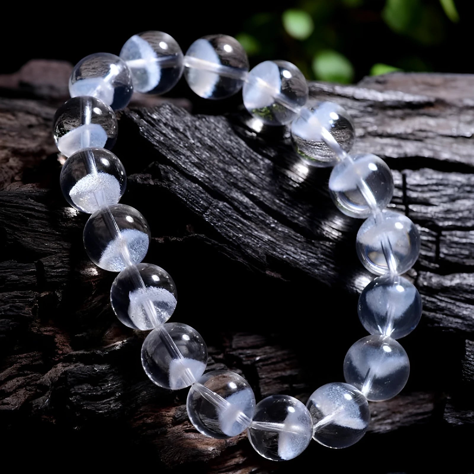 Women's white crystal pyramid bracelet with Ruyi charm in natural ghost colour showing geometric beads