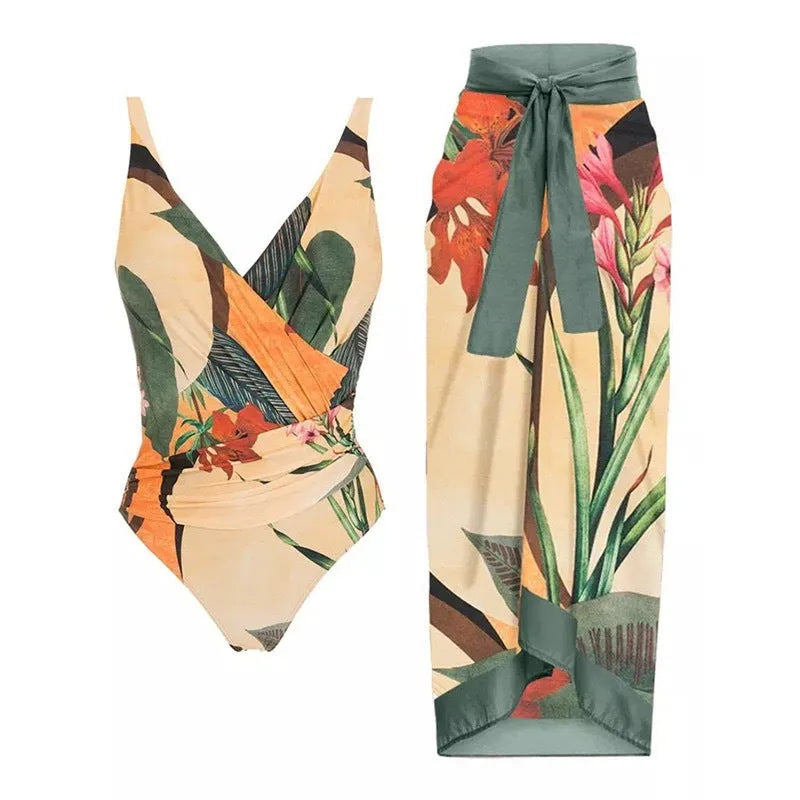Women's solid colour one-piece swimsuit with spaghetti straps and matching skirt