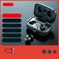 Wireless Bluetooth 5.0 in-ear headphones in black colour showing earpieces and charging case