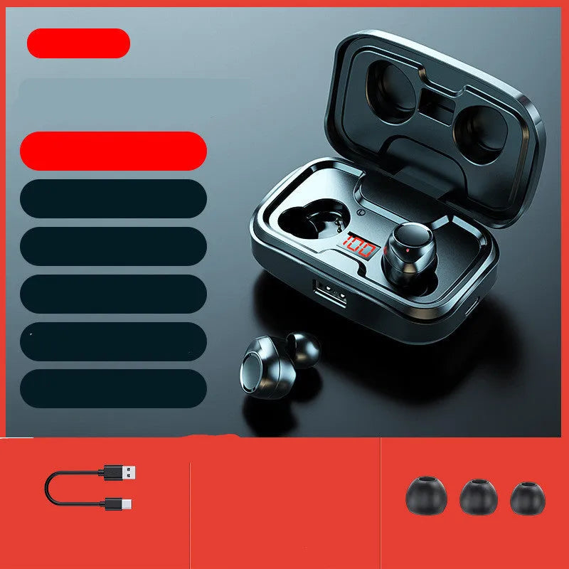 Wireless Bluetooth 5.0 in-ear headphones in black colour showing earpieces and charging case