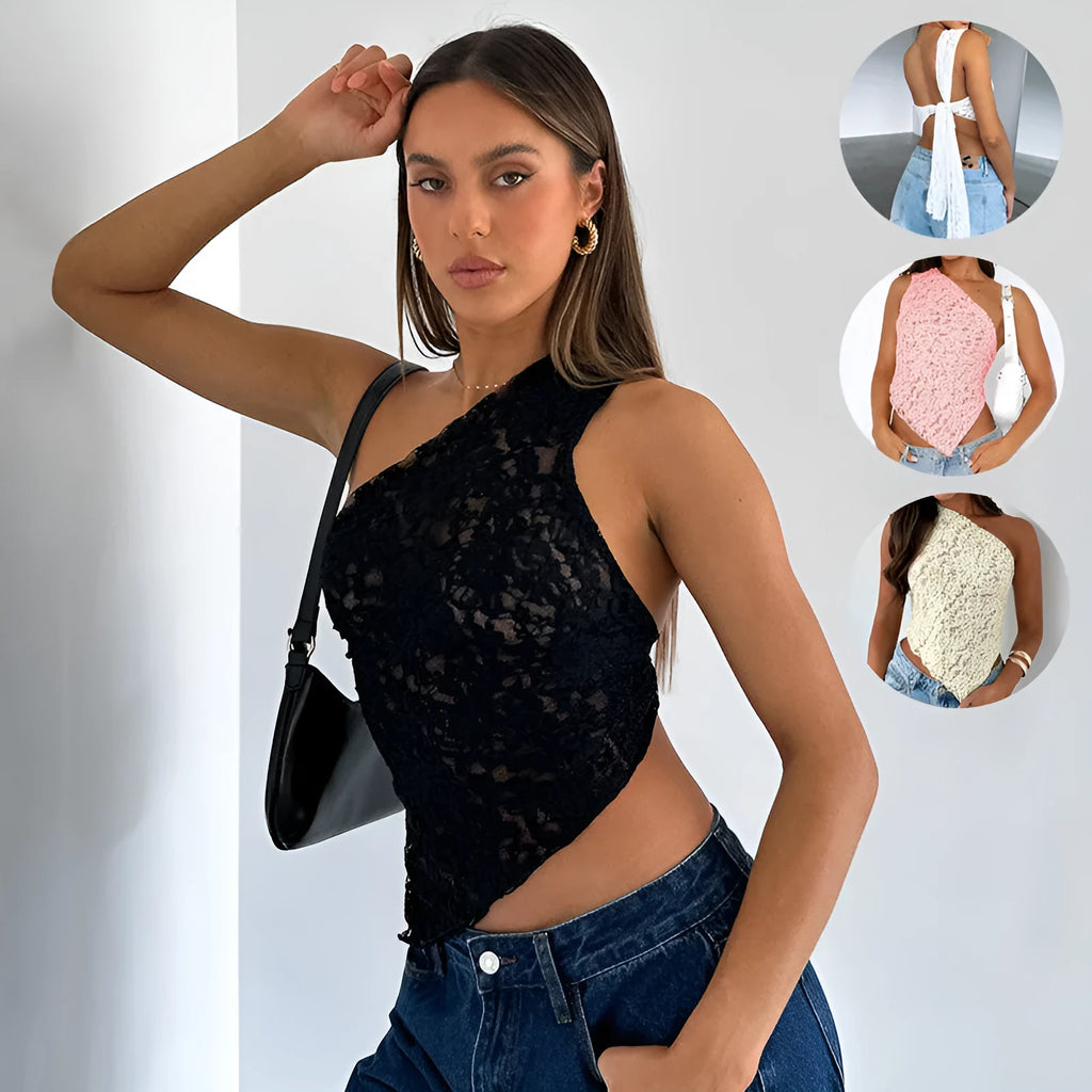 Women's apricot lace backless sleeveless vest top with an asymmetrical neckline on a model.